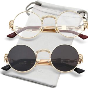 AIEYEZO Round Steampunk Sunglasses for Men Women Retro Circle Hippie Glasses Metal Frame 100% UV Blocking Lens