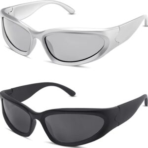 milramtob Y2K Wrap Around Sunglasses Trendy Silver Glasses Retro 90s Shades Women Futuristic