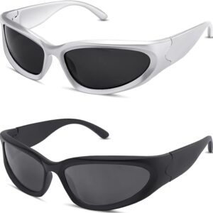 milramtob Y2K Wrap Around Sunglasses Trendy Silver Glasses Retro 90s Shades Women Futuristic