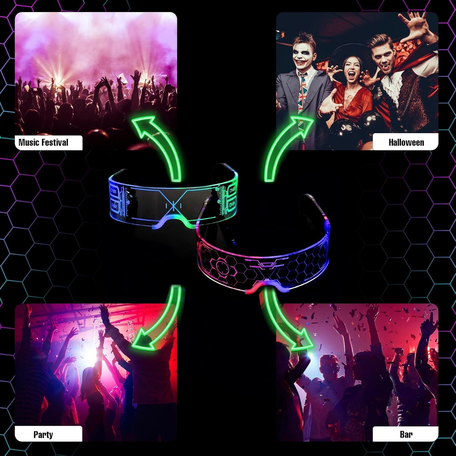 Oybete Light Up LED Glasses Glow In Dark Futuristic Sunglasses For Adults Kids i##e##s: 2 Pairs ^^ For Party ^^ Cosplay Costume ^^ Accessories ^^ Concise style :i##e##s - Image 3